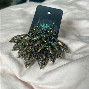 Large Chandelier Earrings Iridescent Rhinestones Dk Gold Tone Peacock Feathers